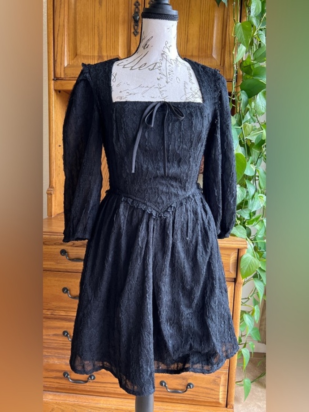 Forte Black Lace Mini Dress Whimsigoth Grunge Square Neck Pockets Small